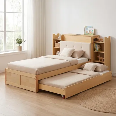 Obrázok produktu pre Výsuvná posteľ 90x200 až 180x200, masívne drevo/MDF, jednolôžková/dvojlôžková posteľ, čalúnená hlavica s policami, kolieska, Obrázok generovaný UI