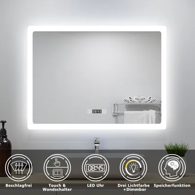 A modern bathroom mirror with integrated LED lighting and digital display, set above a sink.