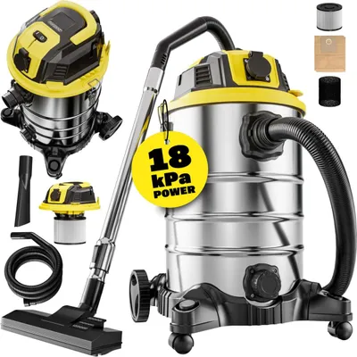 A wet and dry vacuum cleaner with accessories, presented on a white background.