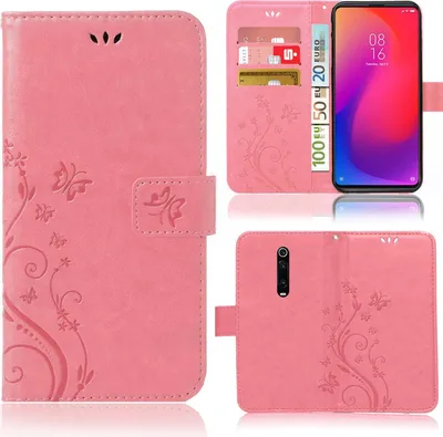 Produktbild von Handy Tasche für Xiaomi Mi 9T / Mi 9T Pro Schutz Hülle Handyhülle mit Blumenmuster Klapp Hülle mit Standfunktion und Kartenfächer Rosa