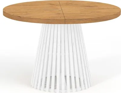 Zdjęcie produktu dla Okrągły rozkładany stół do jadalni, DOVER - styl industrialny/loft z nogami z listew, średnica: 90 / 140 cm, kolor: dąb Lancelot / biały