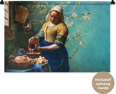 Produktbild von MuchoWow® Wandteppich Wandbehang Milchmädchen - Mandelblüte - Van Gogh - Vermeer - Gemälde - Alte Meister 90x60 cm Tapisserie Dekoration Wandtuch - Wandskulpturen - Bildteppich
