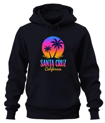 Immagine prodotto di Felpa con cappuccio, stile anni '80, con scritta "Santa Cruz California Sonnenuntergang Palmen", colore blu navy, taglia XXL