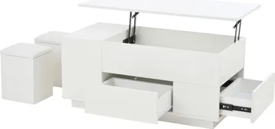 Produktbild von STILVORA höhenverstellbarer Couchtisch mit 2 Schubladen,Sofatisch mit LED-Beleuchtung und 2 Hockern,Beistelltisch Hochglanz mit verstecktem Stauraum,weiß