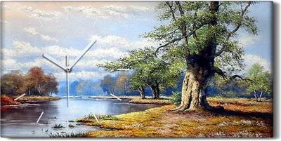 Produktbild von Wanduhr Bürouhr Leinwand Bild 60x30 Gemälde Fluss Wald Bäume Landschaft Wolken - weiße Hände