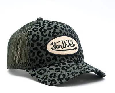 Zdjęcie produktu dla Czapka typu trucker Von Dutch Originals z nadrukiem w panterkę na aksamicie i naszywką VD, kolor khaki