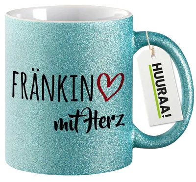 Produktbild von Huuraa Glitzertasse Fränkin mit Herz 330ml Blau Keramik Kaffeebecher Geschenkidee