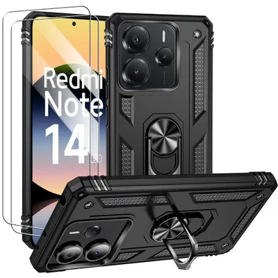 Image de Coque et 2 Verres Trempés pour Xiaomi Redmi Note 14 5G (pas pour 4G) Protection Anti-Rayures Rigide avec Anneau - Noir