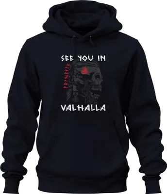Produktbild von See you in Valhalla Wikinger Totenkopf Runen Mjölnir Nordisch Uni Hoodie Kapuzenpullover, Navy, XL