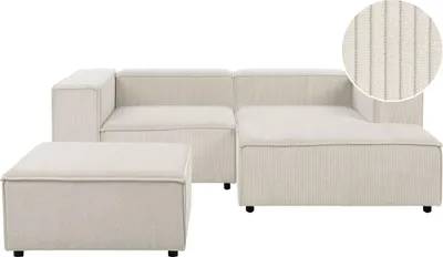 Produktbild von BELIANI Ecksofa mit Ottomane Cremeweiß Cord L-förmig 3-Sitzer Modulsofa Chaiselongue Linksseitig Wohnzimmermöbel Modern Wohnzimmer Wohnecke Sitzecke