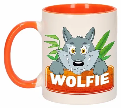 Produktbild von Wolfie Becher - orange/weis - Keramik - 300 ml - Kinderbecher Wolf