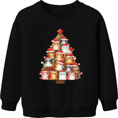 Produktbild von Katzen Weihnachtsbaum Katzenbesitzer - Weihnachten Weihnachtsgeschenk Christmas Uni Kinder Weihnachtspullover, Schwarz, 152