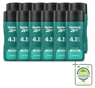 Immagine prodotto di 12 flaconi di gel doccia Reebok Cool Your Body 4-in-1, capacità: 400 ml, confezione grande, 12 pezzi