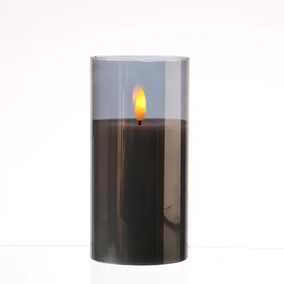 Produktbild von LED Kerze im Glas - Windlicht - Echtwachs - flackernde 3D Flamme - Timer - H: 15cm - rauchgrau