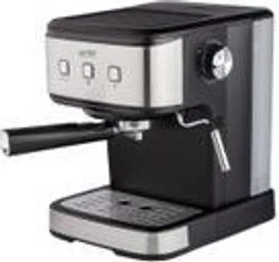 A black and silver espresso machine on a white background.