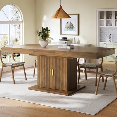 Immagine prodotto di Tavolo allungabile, tavolo da cucina con spazio contenitivo integrato, ante a listelli verticali, ripiani interni estraibili, tavolo da pranzo 140-180 cm, noce