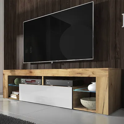 Produktbild von Selsey TV-Schrank BIANKO TV-Lowboard in Holz-Optik Lancaster Eiche mit Klappe in Weiß Hochglanz mit LED-Beleuchtung Stehend 140cm