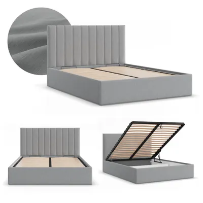 Produktbild von Polsterbett POLLA 160x200 mit Bettkasten, Metall-Lattenrost klappbar, Doppelbett mit Stauraum, Bett mit Kopfteil Grau Geflecht