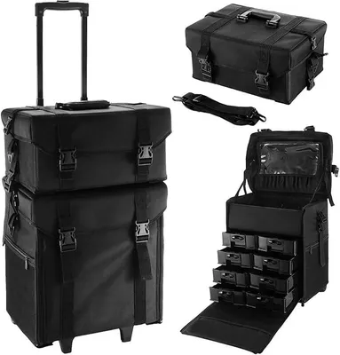 Productafbeelding van 2-in-1 make-upkoffer, afneembare make-upkoffer met trolleyfunctie, wielen en trekstang, kapperskoffer met 8 lades, nagelkoffer, make-upkoffer voor kappers, grimeurs en nagelstylisten, zwart
