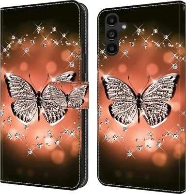 Produktbild von CLM-Tech Hülle kompatibel mit Samsung Galaxy A14 5G - Tasche aus Kunstleder - Klapphülle mit Ständer und Kartenfächern, Schmetterling Diamanten Muster