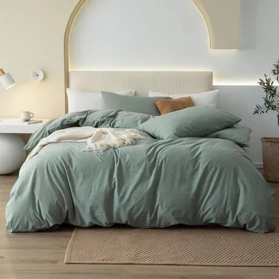 Produktbild von Bettwäsche-Set 2-teilig Baumwolle Salbeigrün 135x200 cm + 80x80 cm Reißverschluss