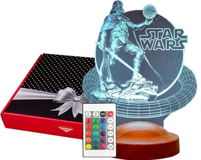 A Star Wars Darth Vader 3D LED lamp, gift box, and remote control are displayed against a white background.
