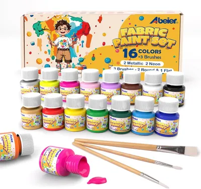 Immagine prodotto di Set di colori per tessuti, 16 x 20 ml, resistenti al lavaggio, include 3 pennelli, ideale per progetti creativi
