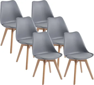 Produktbild von TEENO Esszimmerstühle, Küchenstuhl, skandinavisch, Retro mit Rückenlehne, gepolsterte Sitzfläche aus massiver Buche（Grau, 6er Set）