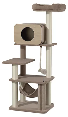 Obrázok produktu pre Lesný dub Fudajo, mačací strom s rozmermi 152 cm, béžovej farby. Obsahuje mačací domček, hojdaciu sieť a sisal. Má tiež masážnu funkciu