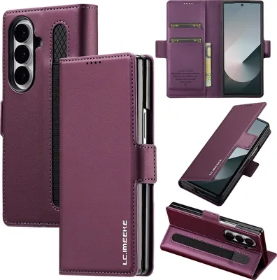 Obrázek produktu pro Magnetické flipové kožené pouzdro pro Samsung Galaxy Z Fold 7, s přihrádkou na karty a funkcí stojánku Fialová