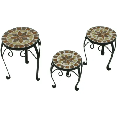 Three mosaic-topped tables of varying heights are arranged on a white background.