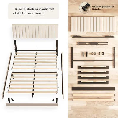 Produktbild von Polsterbett 140x190 cm, Bettgestell mit Höhenverstellbarem Kopfteil und Lattenrost, Stabiler Bettrahmen, Bis 500 kg, Gepolstertes Bett, Beige