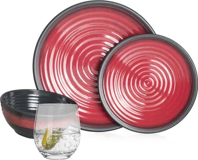 Produktbild von Melamin Camping Geschirr Set 4 Personen Stone Red + 4 Tiamo Gläser Wassergläser Tafelgeschirr Picknick BBQ Kochgeschirr