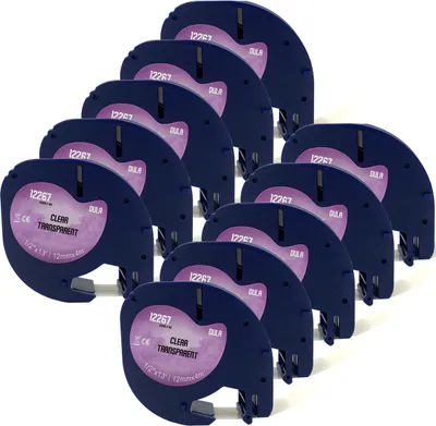 Produktbild von DULA Etikettenband - Kompatibel mit Dymo LetraTag 12267 / S0721530 - 10 Stück - Schwarz auf transparentem Kunststoff - 12mm x 4m