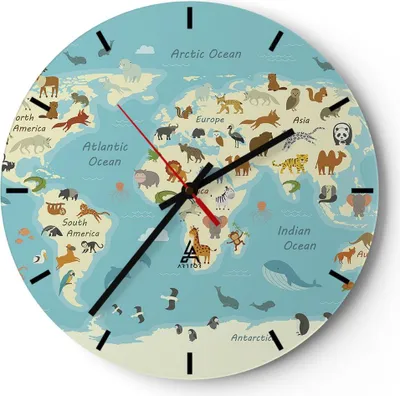 Produktbild von Wanduhr - Rund - Glasuhr - Tiere die Welt Karte - 30x30cm - Schleichendes Uhrwerk - Lautlos - zum Aufhängen bereit - Dekoration Modern - Wanddekoration aus Glas - C3AR30x30-4860