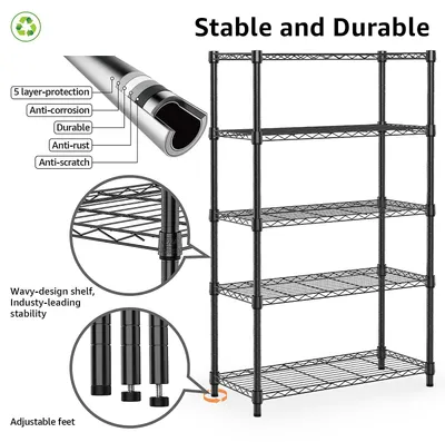 Zdjęcie produktu dla Metalowa regał półkowa z 5 regulowanymi półkami, o wymiarach 35x60x158,7 cm, idealna do garażu i kuchni