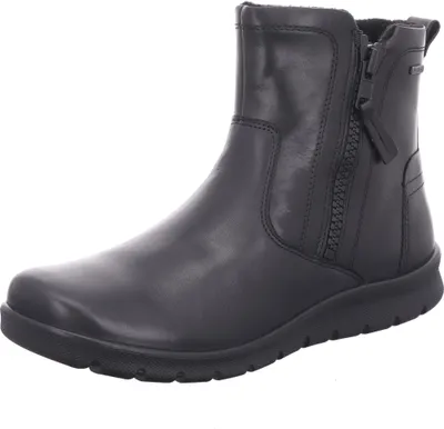 A black leather bootie is shown against a white background.