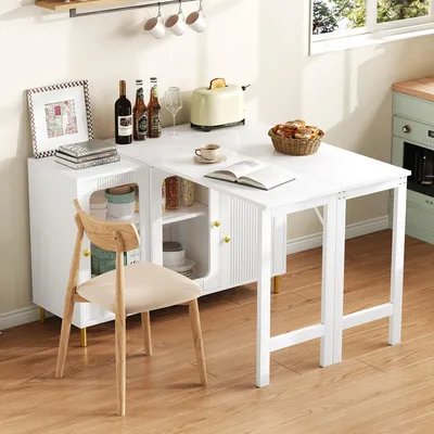 Image de OKWISH Buffet - Buffet Extensible avec Table Pliable, Portes Coulissantes en Verre et Étagères Réglables, Pieds Métal Doré, 122x116x82 cm, Blanc