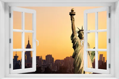 Produktbild von Wallario Wandbild aus Acryl, 60 x 90 cm, freischwebende Optik - Freiheitsstatue New York mit Fenster-Illusion