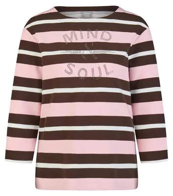 Produktbild von Rabe Damen T-Shirt Braun Gr. 44 Rundhals 3/4-Arm Ringeldessin Strassdetail