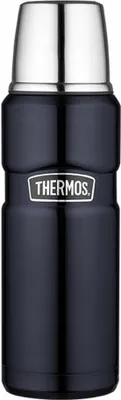 A dark blue Thermos bottle with a silver top, shown against a white background.