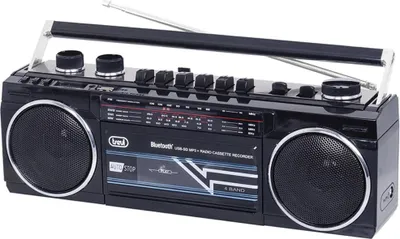 A black portable radio cassette recorder with a silver handle and speaker grilles, set against a white background.