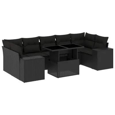 Produktbild von 8-tlg. Garten-Lounge-Set, modular, Poly Rattan & Stahl, verstellbarer Tisch mit Hartglas, Schwarz, UV-beständig, inkl. 7 Sitz- & 9 Rückenkissen