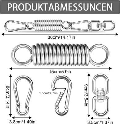 Product dimensions and components of a swing spring.