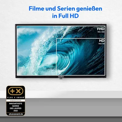 A television screen displaying a wave, with overlays indicating resolution, and a marketing award badge below.
