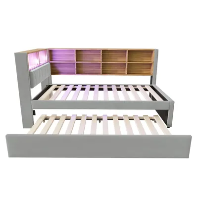 Produktbild von Flieks Tagesbett Schlafsofa 90x200cm mit Ausziehbett, Polstebett Sofabett mit Ladefunktion & LED, Einzelbett Holzbett Daybed, Samt, Hellgrau