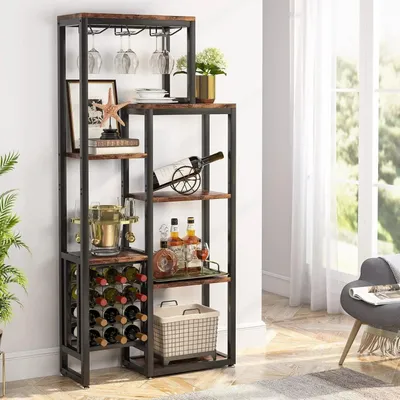 Immagine prodotto di Portavino industriale - Mobiletto per bevande in legno e metallo - Porta vini con portabicchieri e portabottiglie