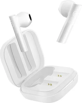 A pair of white wireless earbuds and their charging case are displayed against a white background.