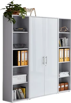Produktbild von Aktenschrank TABOR 3 in lichtgrau / weiß Hochglanz, Schrankwand, Büroschrank, abschließbar, Metallgriffe
