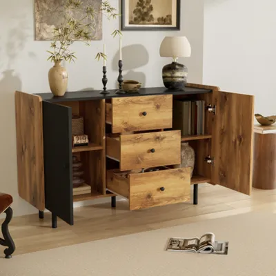 Produktbild von Sideboard - Kommode Moderner Stil, Küchenschrank mit Zwei Türen und Drei Schubladen Aufbewahrungsschrank 120 cm Schwarzer